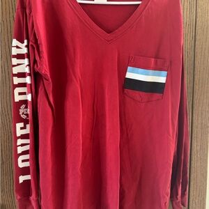 PINK Victoria's Secret Red Long-Sleeve V-Neck Pocket Tee